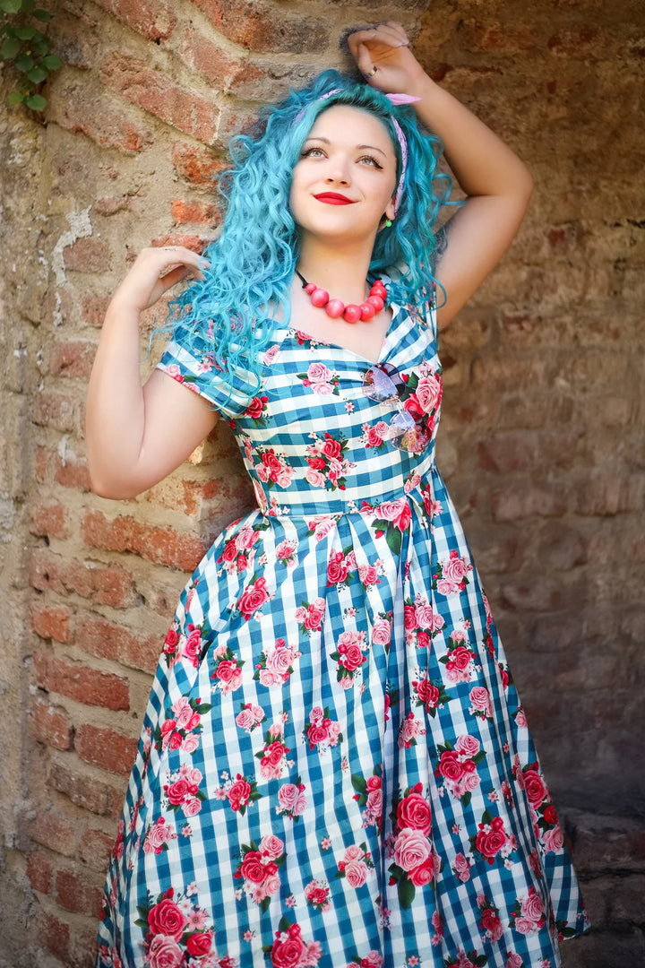 PREORDER - Lily 50's Blue Rose Swing Dress - Expected dispatch 15th of September