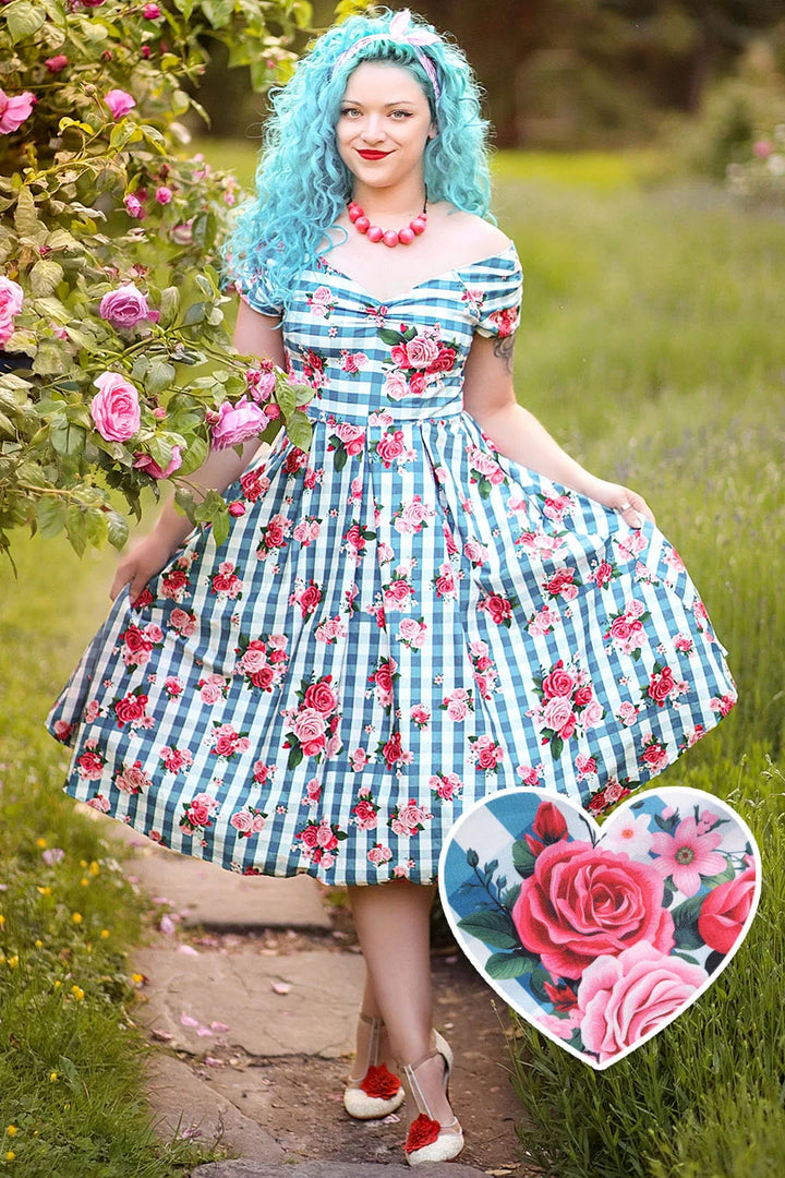 PREORDER - Lily 50's Blue Rose Swing Dress - Expected dispatch 15th of September