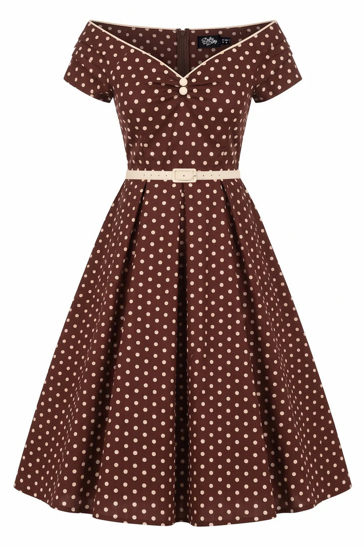 PREORDER - Lily Brown and White Polka Swing Dress - Expected dispatch 15th of September