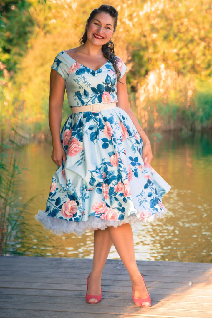 PREORDER - Lily Light Blue and Coral Rose Dress - Expected dispatch 9th October