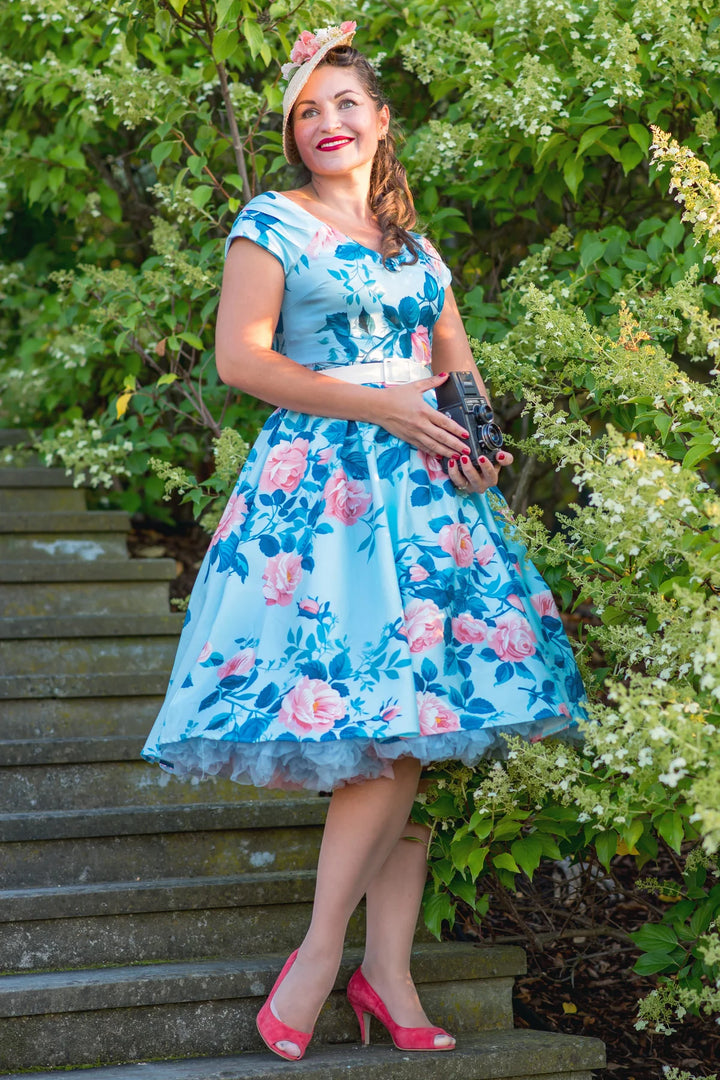 PREORDER - Lily Light Blue and Coral Rose Dress - Expected dispatch 9th October