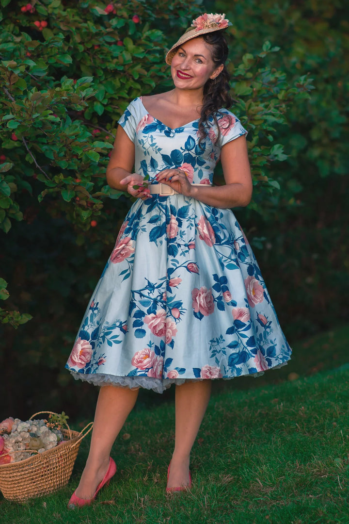 PREORDER - Lily Light Blue and Coral Rose Dress - Expected dispatch 9th October