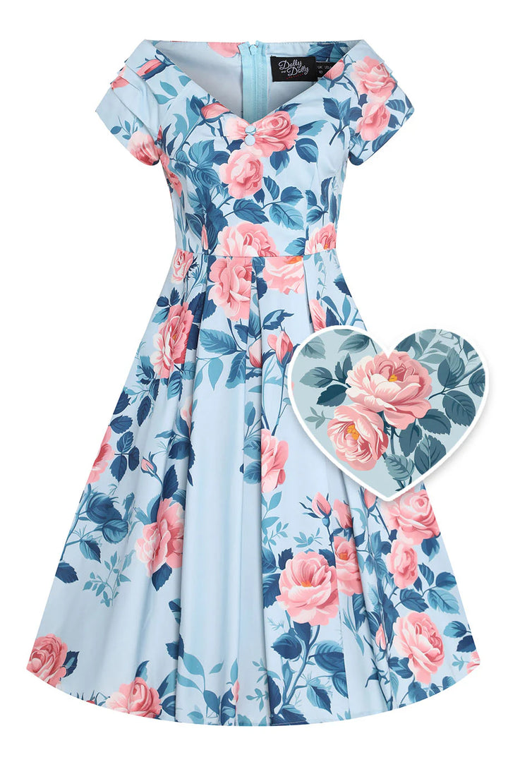 PREORDER - Lily Light Blue and Coral Rose Dress - Expected dispatch 9th October