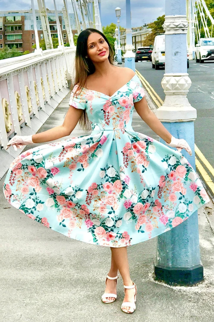 PREORDER - Lily 50s Style Floral in Mint Dress - Expected dispatch 15th of September