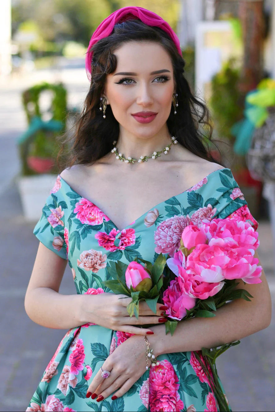Lily Mint and Pink Peony Dress - Preorder for disdpatch 10th September