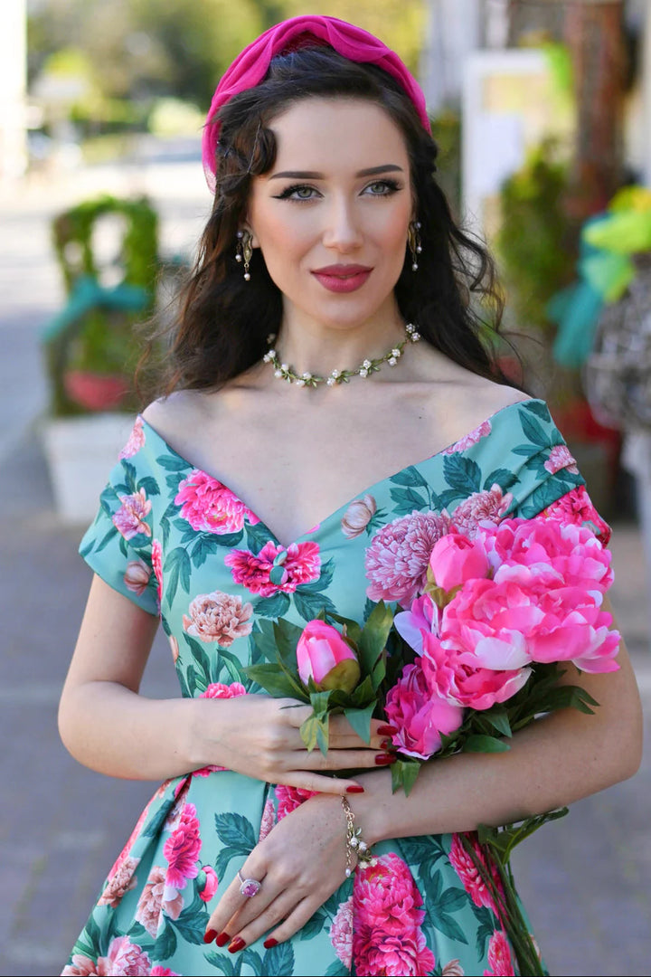 Lily Mint and Pink Peony Dress - Preorder for disdpatch 10th September