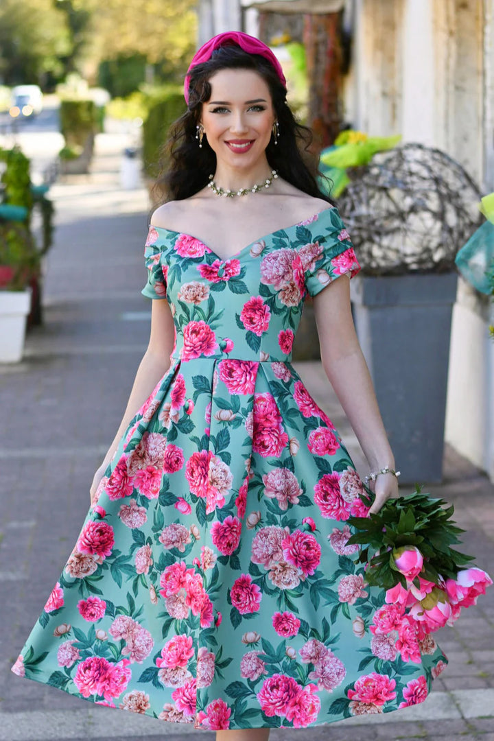 Lily Mint and Pink Peony Dress - Preorder for disdpatch 10th September