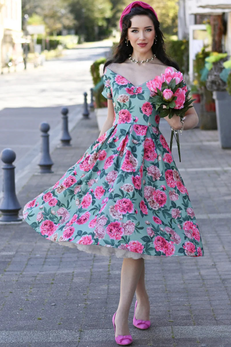 Lily Mint and Pink Peony Dress - Preorder for disdpatch 10th September