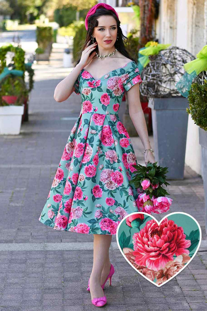 Lily Mint and Pink Peony Dress - Preorder for disdpatch 10th September