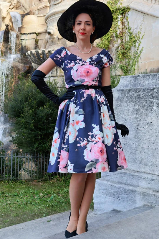 PREORDER - Lily Dress in Navy and Pink Floral - Estimated dispatch 30th of October