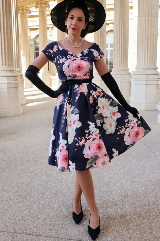 PREORDER - Lily Dress in Navy and Pink Floral - Estimated dispatch 30th of October