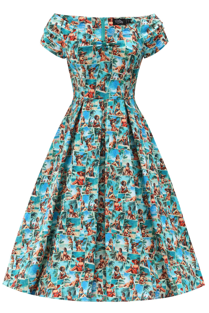 Lily Pinup Postcard Swing Dress - Preorder for dispatch 16th September