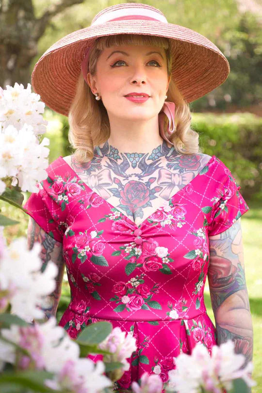 Lily 50s Inspired Rose Grid Dress