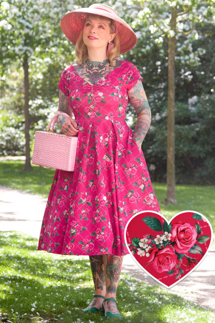 Lily 50s Inspired Rose Grid Dress