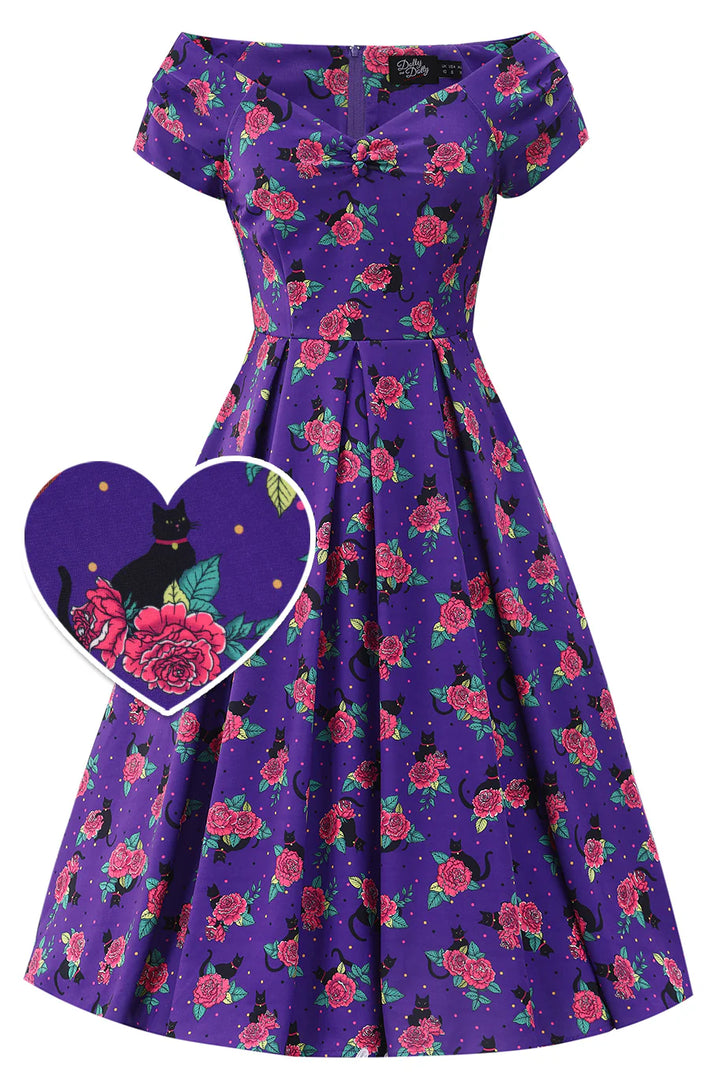 Lily Purple Cat & Rose Swing Dress - Preorder for dispatch 4th September