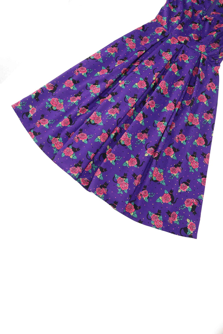 Lily Purple Cat & Rose Swing Dress - Preorder for dispatch 4th September