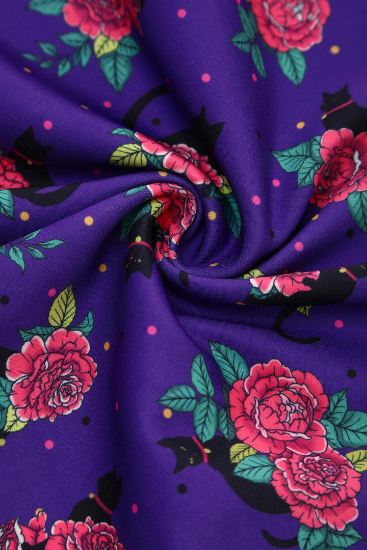 Lily Purple Cat & Rose Swing Dress - Preorder for dispatch 4th September