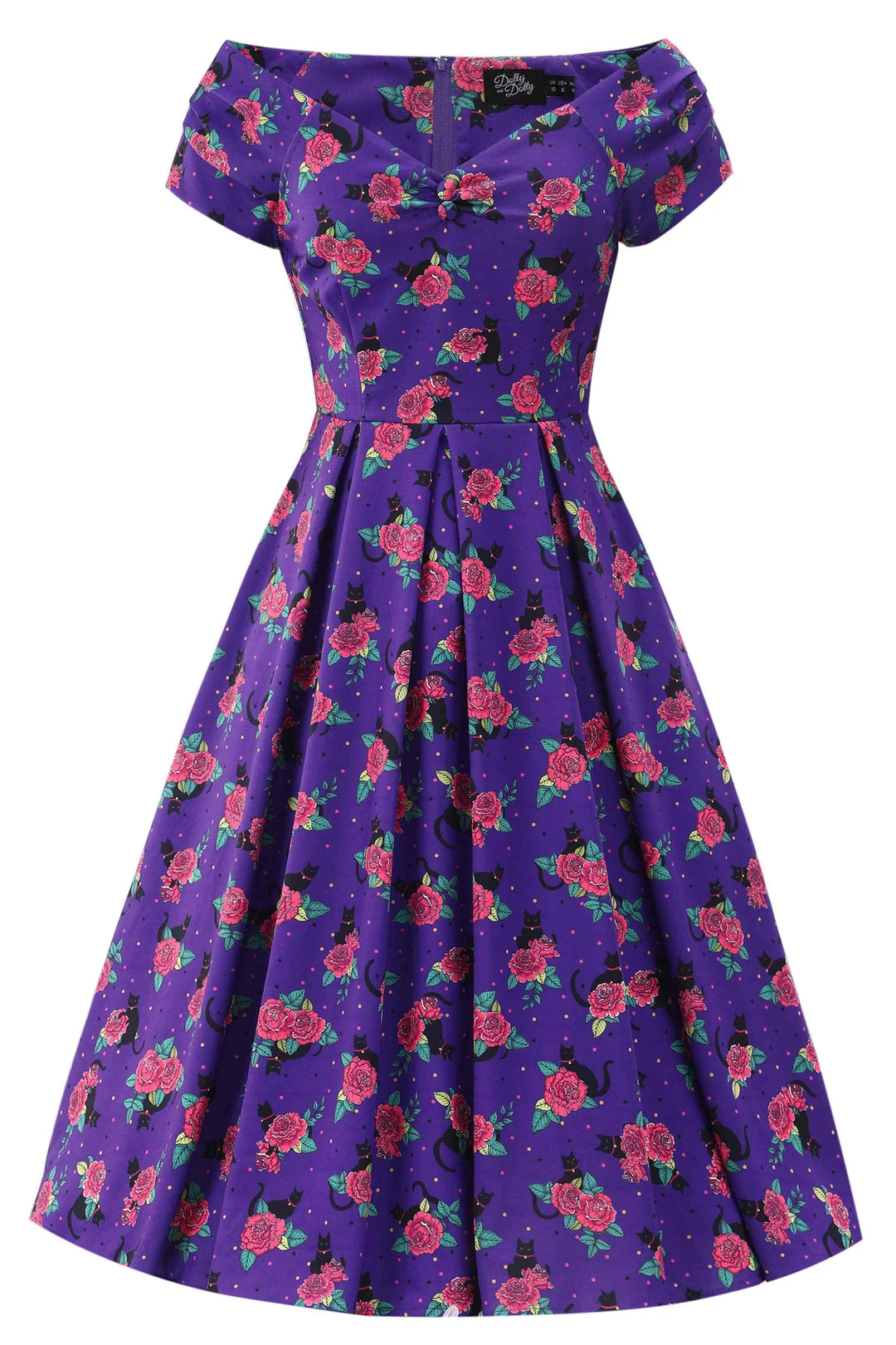 Lily Purple Cat & Rose Swing Dress - Preorder for dispatch 4th September