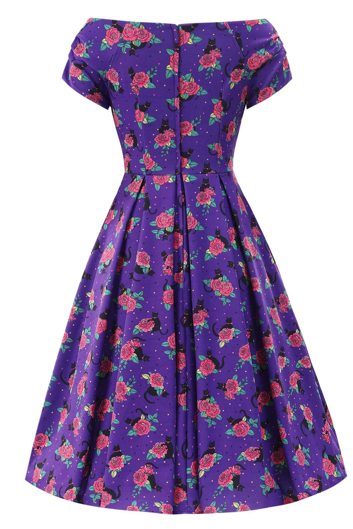 Lily Purple Cat & Rose Swing Dress - Preorder for dispatch 4th September