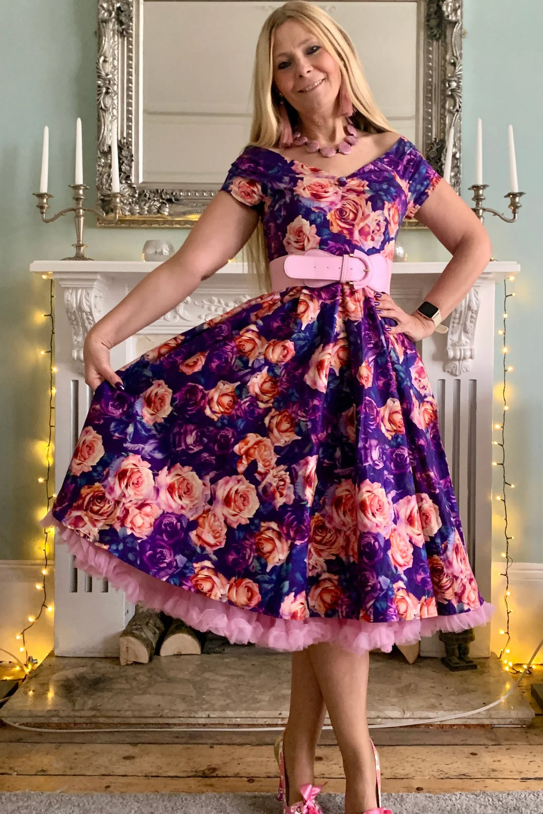 PREORDER - Lily Purple and Pink Rose Swing Dress - Expected dispatch 15th of September