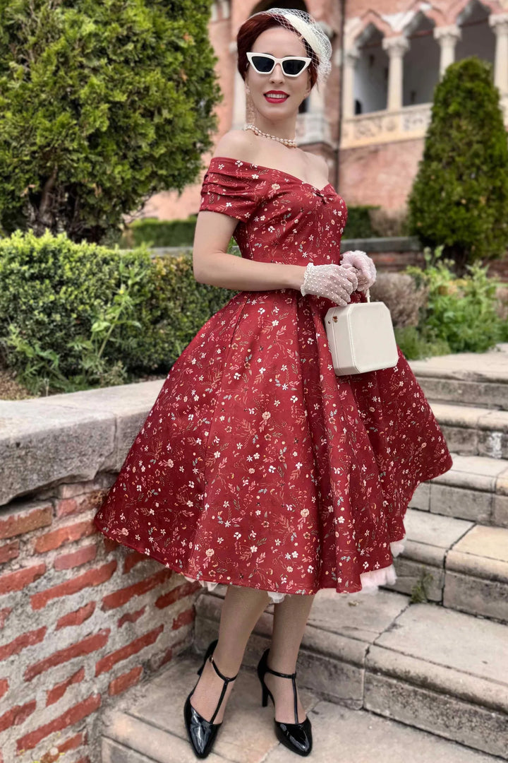 PRE-ORDER - Lily Red Off Shoulder Floral Dress - Expected dispatch 3rd of June