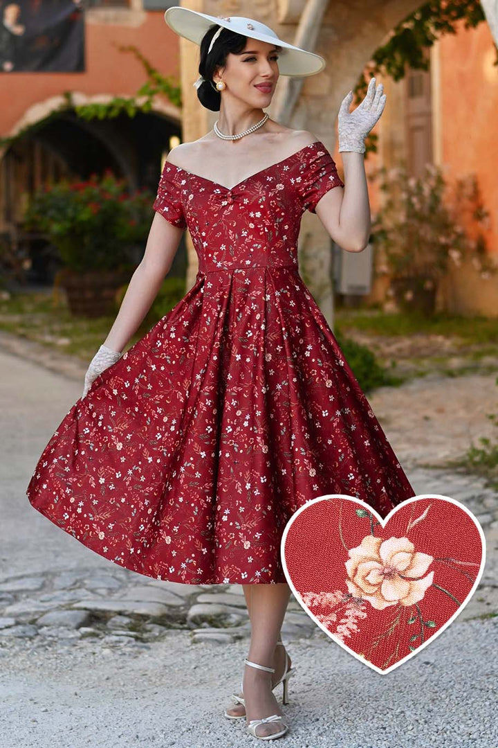 PRE-ORDER - Lily Red Off Shoulder Floral Dress - Expected dispatch 3rd of June