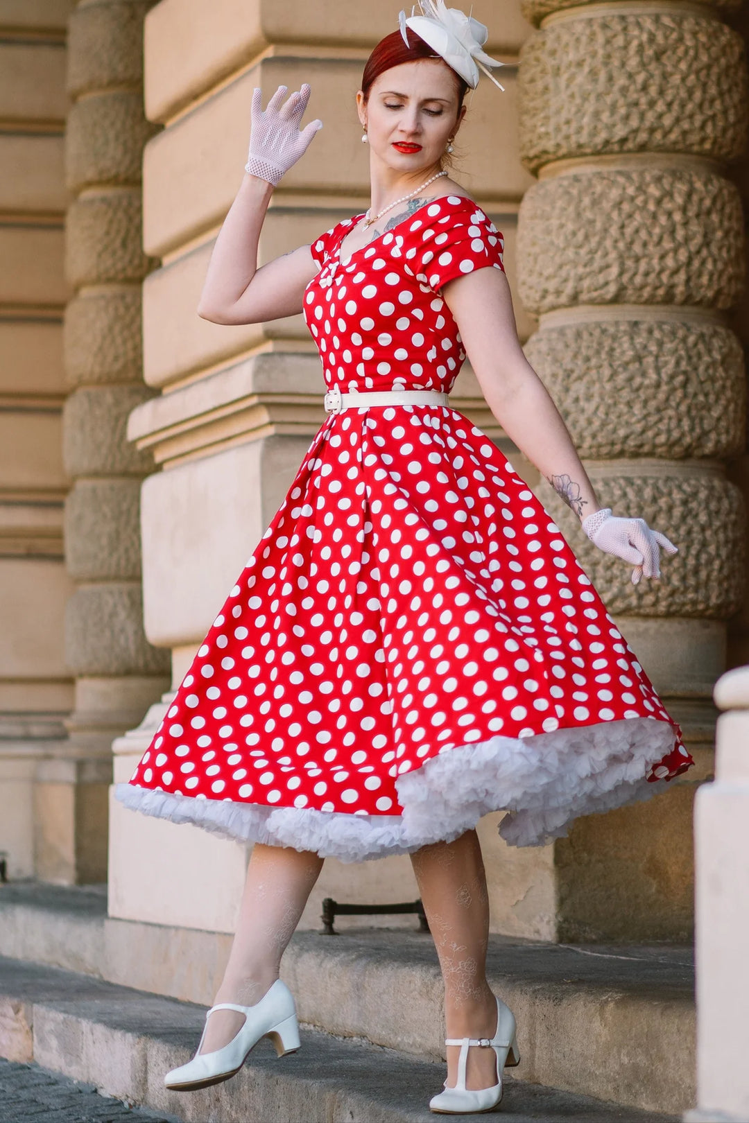 PREORDER - Lily Red and  Big White Polka Swing Dress - Expected dispatch 15th of September