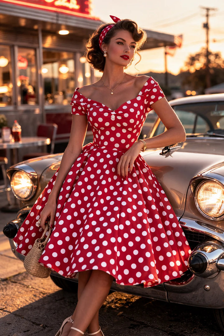 PREORDER - Lily Red and  Big White Polka Swing Dress - Expected dispatch 15th of September