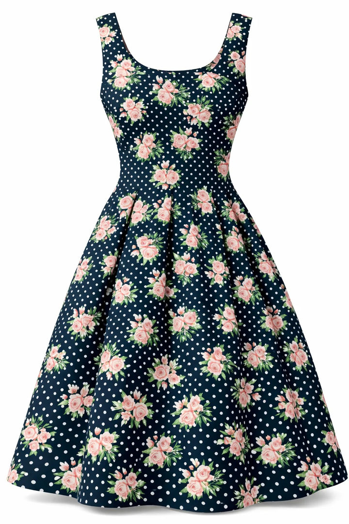 PRE-ORDER - Ophelia Navy Blue Roses Polka Dress - Expected dispatch 28th of May