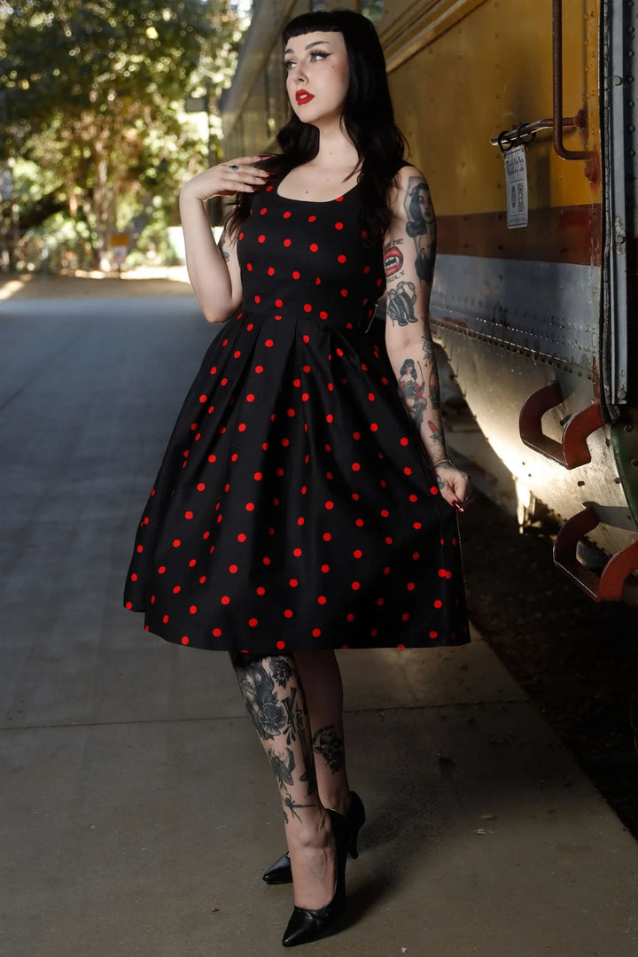 PRE-ORDER - Amanda Black & Red Polka Dot Swing Dress - Expected dispatch 16th of June