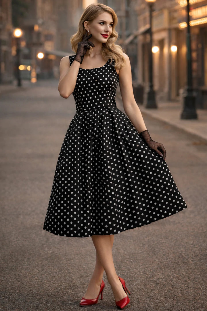 PRE-ORDER - Amanda Black & White Polka Dot Swing Dress - Expected dispatch 16th of June