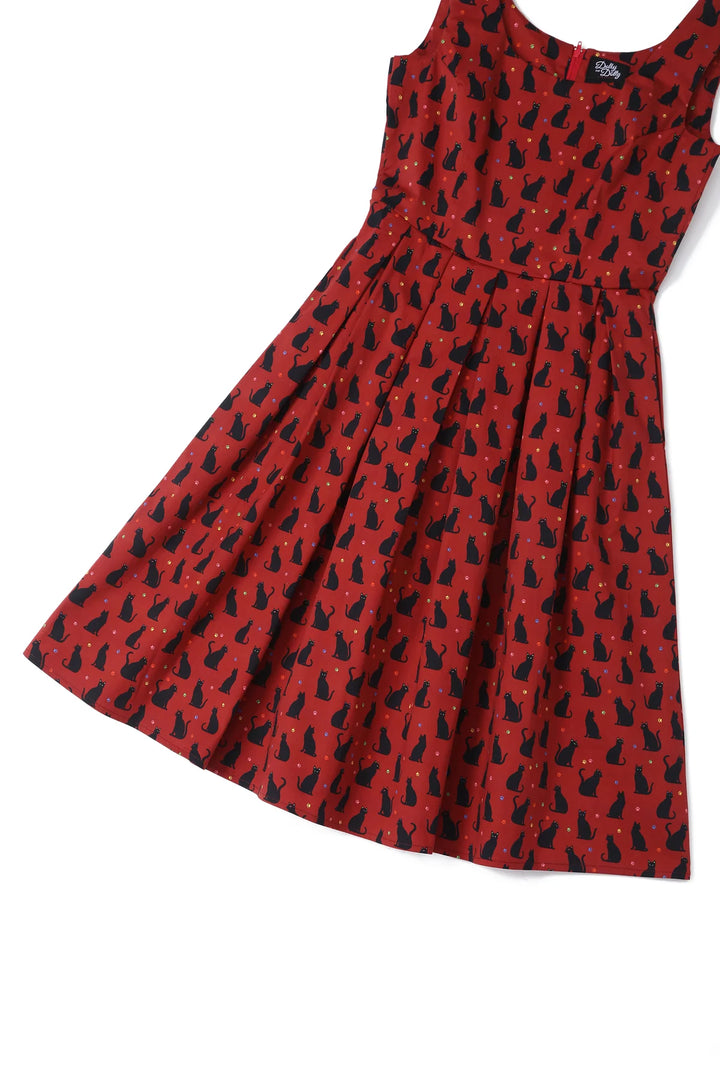 PREORDER - Amanda Burgundy Cat Dress - Estimated dispatch 28th of November