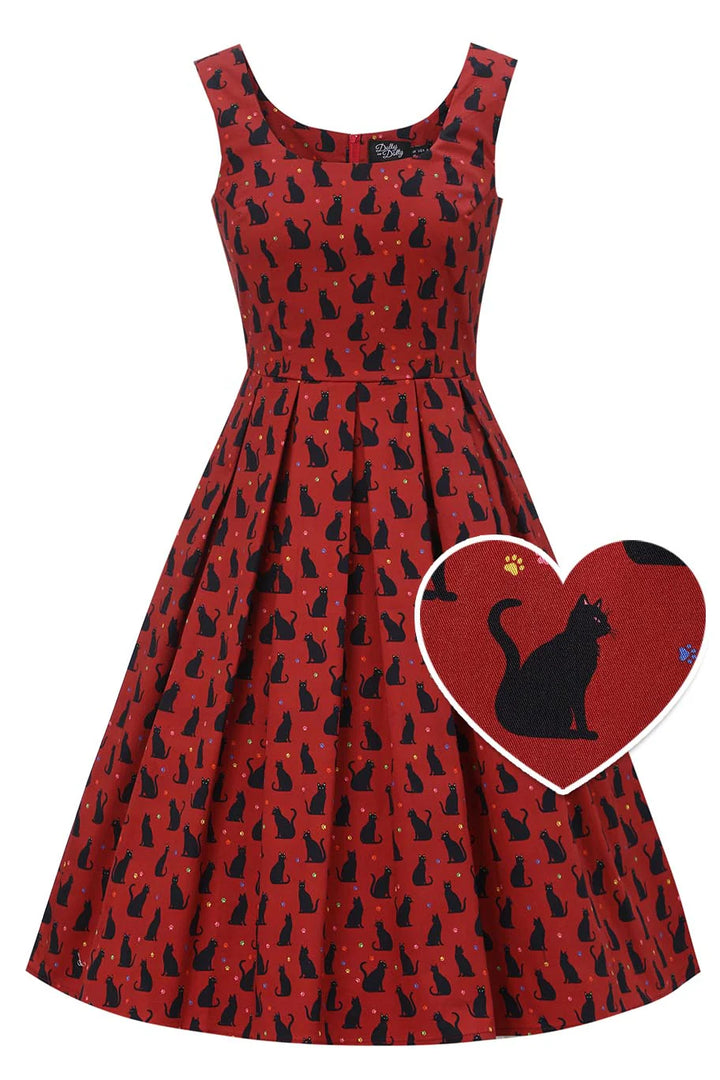 PREORDER - Amanda Burgundy Cat Dress - Estimated dispatch 28th of November
