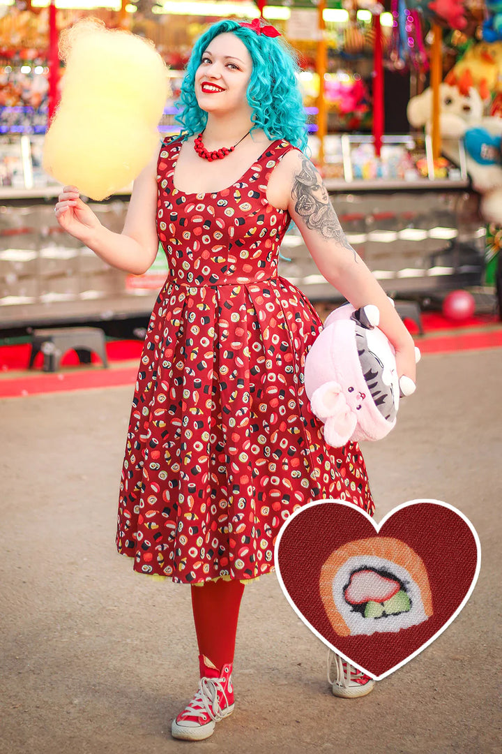 PREORDER - Amanda Burgundy Sushi Print Dress - Estimated dispatch 21st of April
