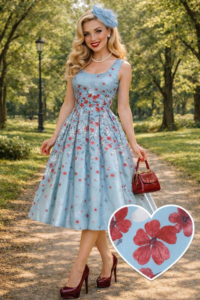 PREORDER - Amanda Blue Floral Swing Dress - Expected dispatch date 6th of August