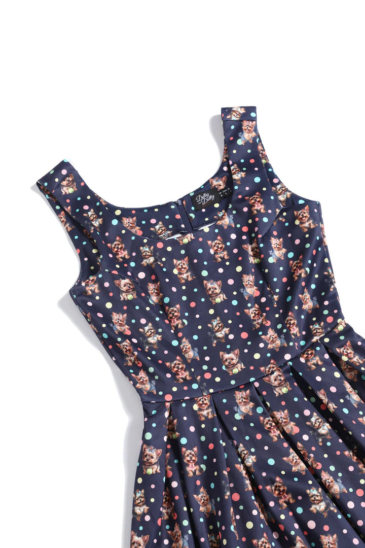 Amanda Purple Yorkie & Colourful Polka Dot Print Swing Dress - Preorder for dispatch 12th September