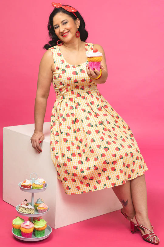Amanda Strawberry Yellow Gingham Swing Dress - Preorder for dispatch 29th August