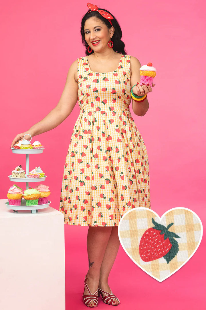 Amanda Strawberry Yellow Gingham Swing Dress - Preorder for dispatch 29th August