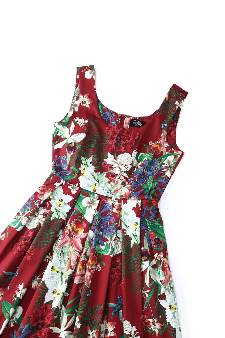 PREORDER - Amanda Burgundy Scoop Neck Botanical Print Dress - Expected dispatch 16th of June