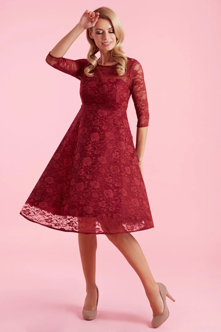 PREORDER - Madeline Long Sleeve Lace Dress in Burgundy - Expected dispatch 6th of August