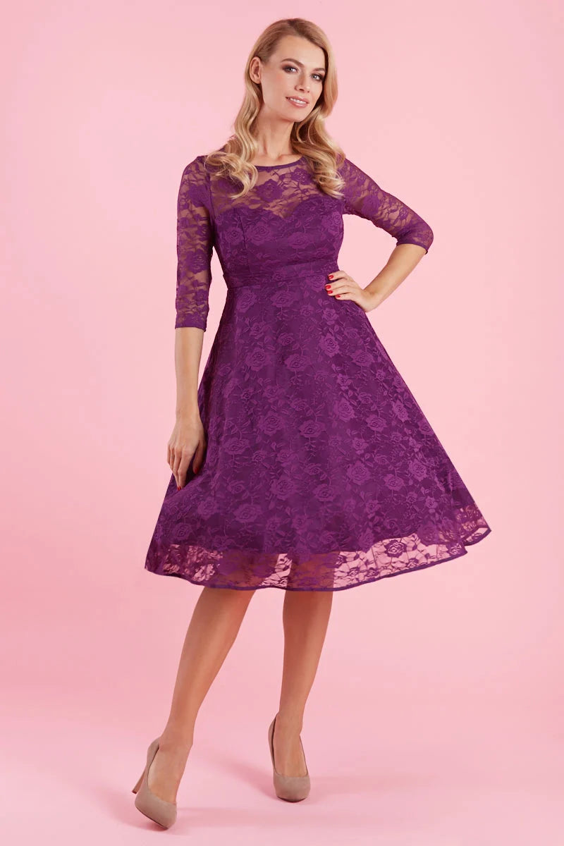 PREORDER - Madeline Long Sleeve Lace Dress in Purple - Expected dispatch 13th of August