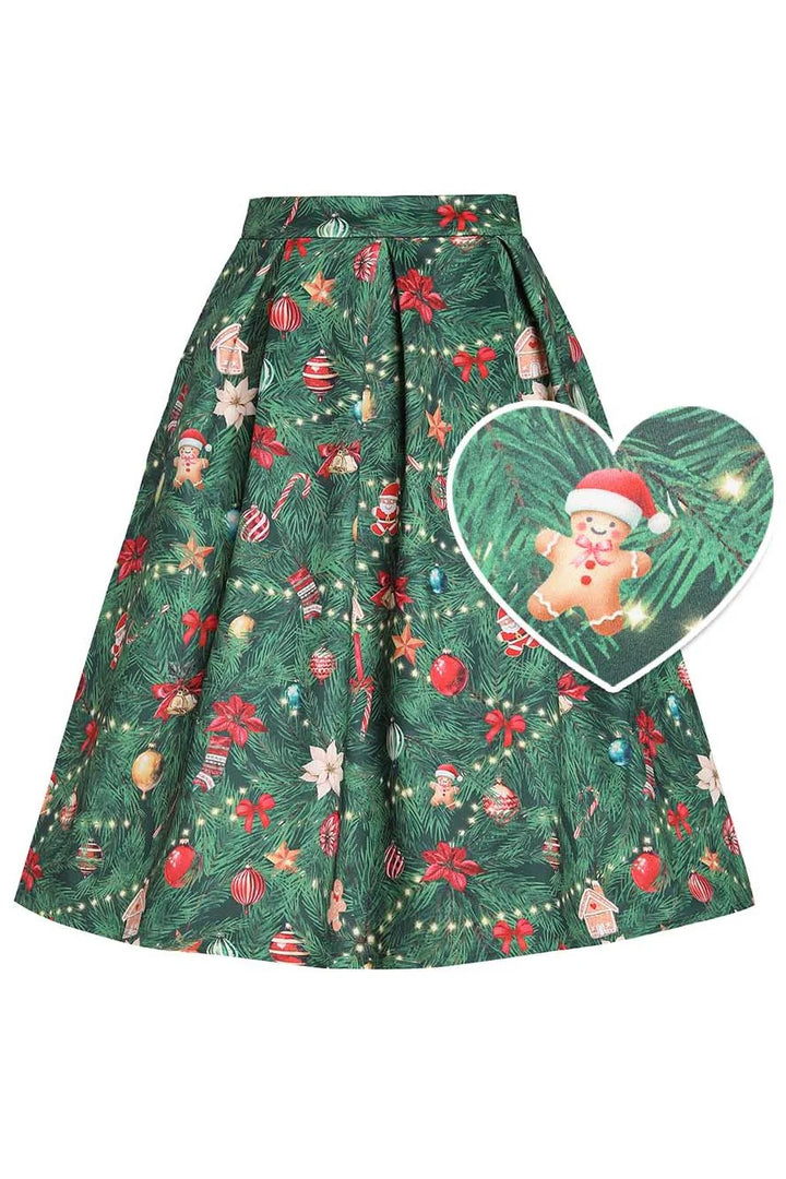 PREORDER - Aisley Green Christmas Tree Pleated Midi Skirt - Estimated dispatch 28th of November