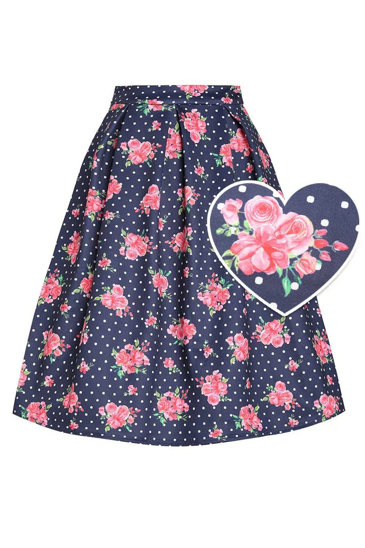 PREORDER - Aisley Navy Polka Dot Rose Pleated Midi Skirt - Estimated dispatch 28th of November