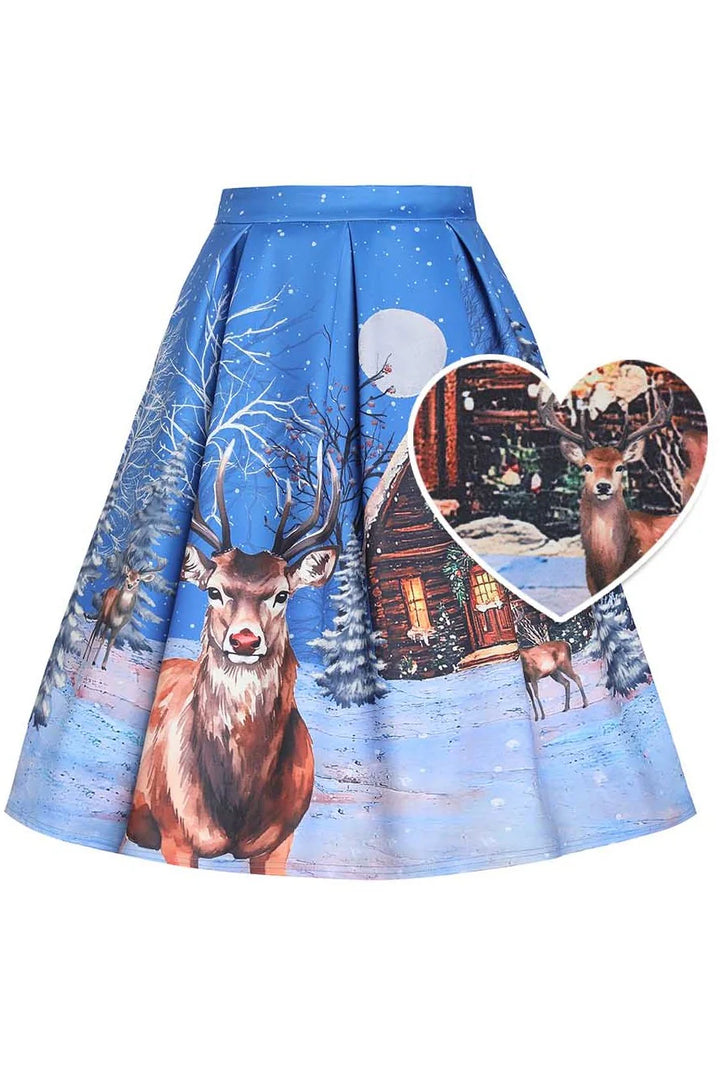 PREORDER - Aisley Blue Reindeer Pleated Midi Skirt - Estimated dispatch 28th of November