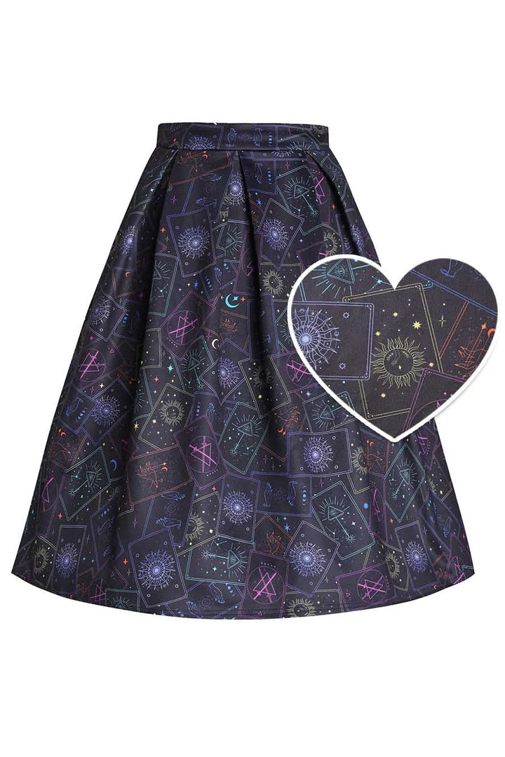 PREORDER - Aisley Black Neon Tarot Card Pleated Midi Skirt - Estimated dispatch 28th of November