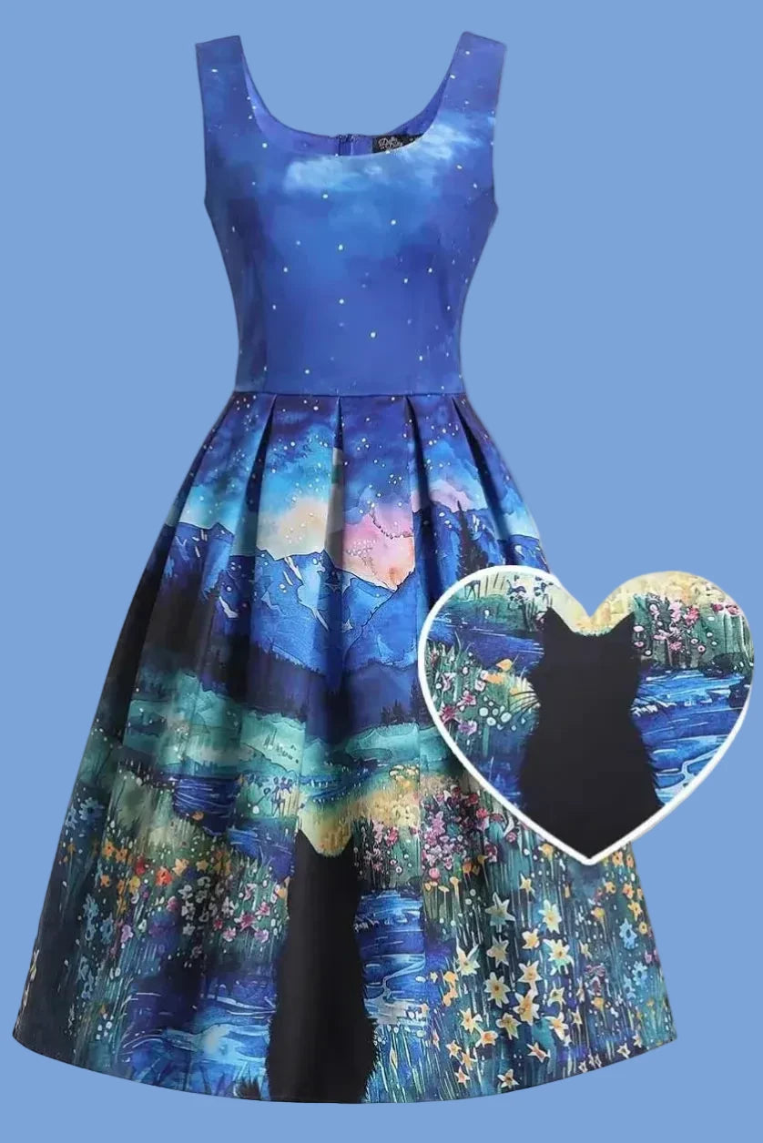 PREORDER - Amanda Black Cat Starry Night Dress - Estimated dispatch date 1st September