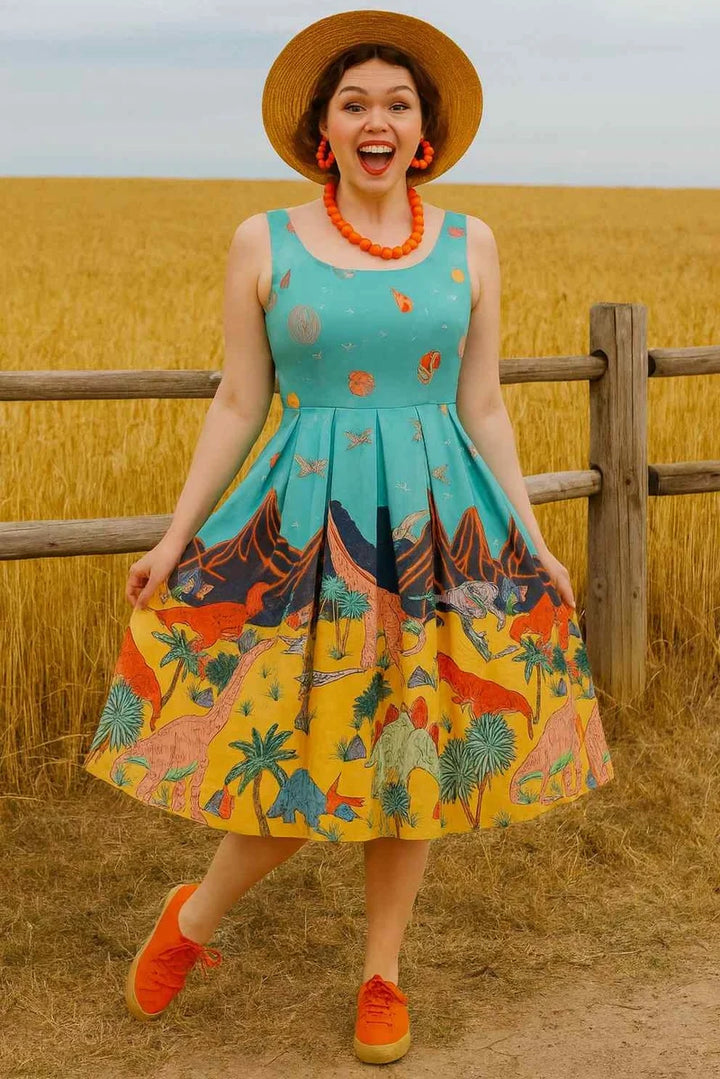 PREORDER - Amanda Dinosaur World Swing Dress - Preorder for dispatch 1st September
