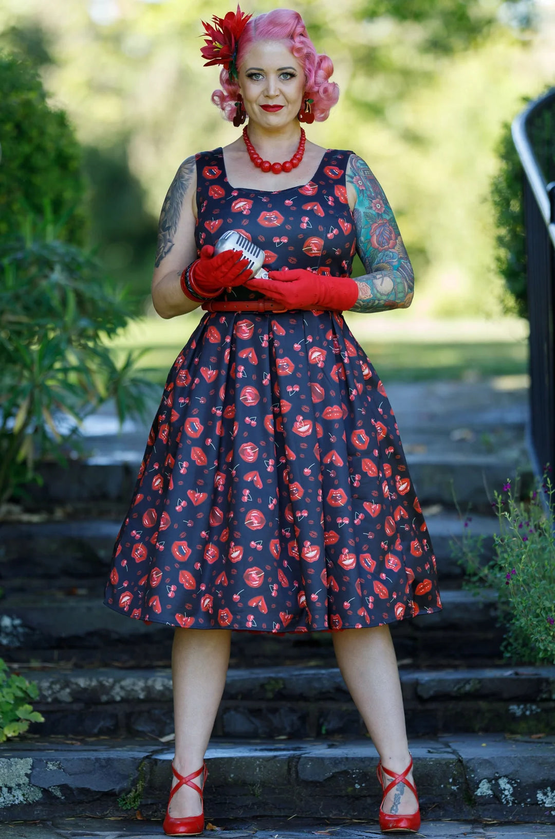 PREORDER - Amanda Pin up Lip & Cherry Dress - Estimated dispatch 28th of November