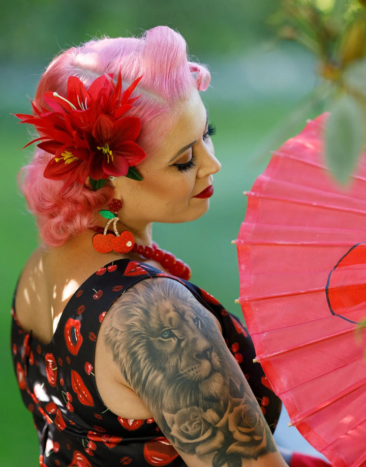 PREORDER - Amanda Pin up Lip & Cherry Dress - Estimated dispatch 28th of November