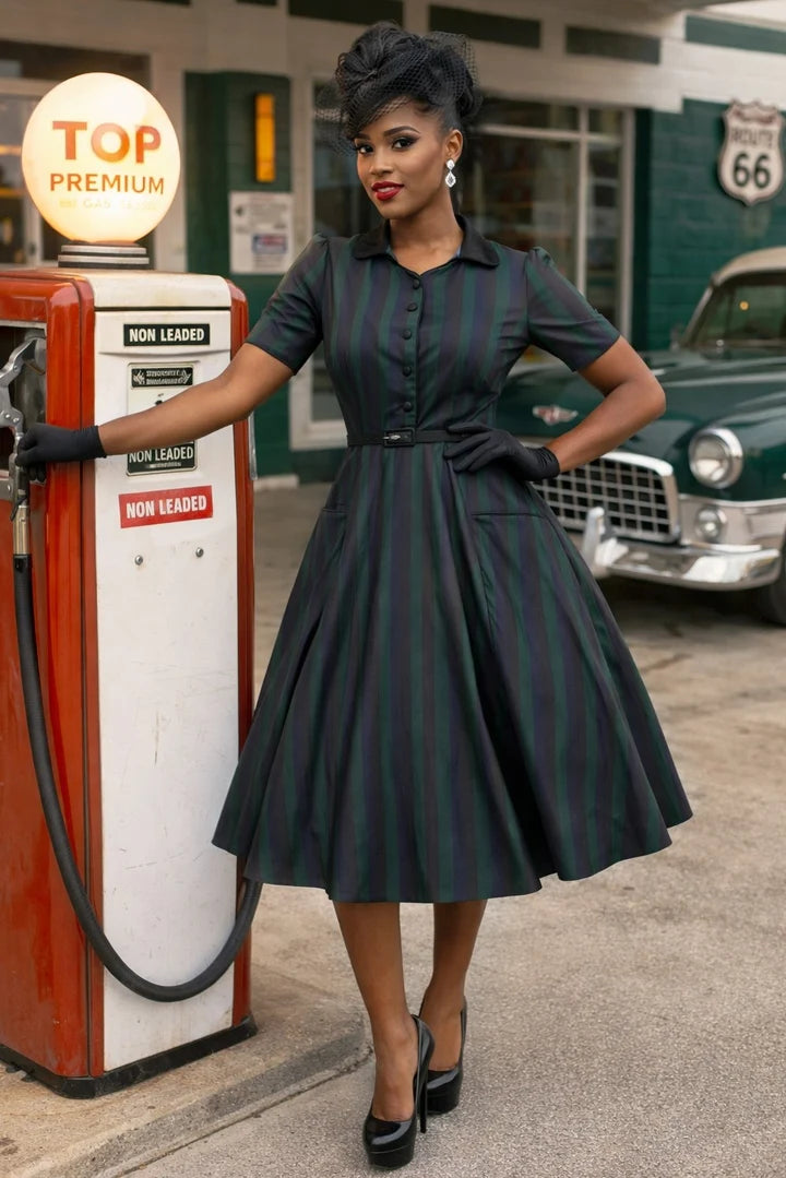 PREORDER - Penelope Black and Green Stripe Shirt Dress - Expected dispatch 10th of November